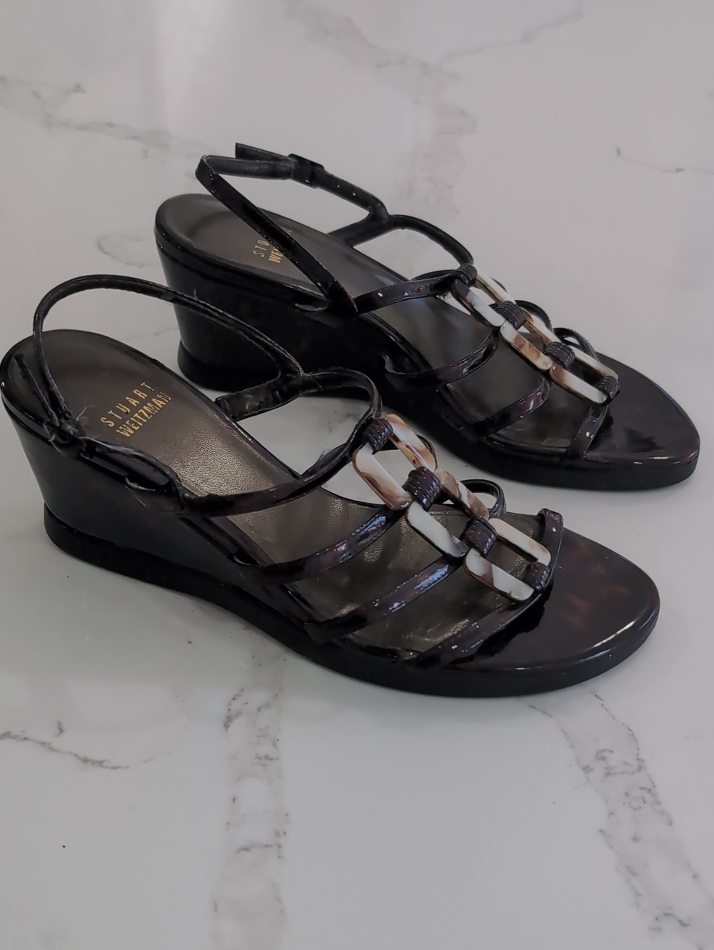 Stuart Weitzman Black and Tortoiseshell Strap Wedge Sandals Size 6
